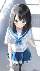 Rule 34 | 1girl, black hair, black socks, blue bow, blue eyes, blue sailor collar, blue skirt, blush, bow, brown footwear, closed mouth, commentary request, from above, hair ornament, hairclip, highres, indoors, kneehighs, loafers, looking away, original, pentagon (railgun ky1206), pleated skirt, sailor collar, school uniform, serafuku, shirt, shoes, short sleeves, skirt, socks, solo, standing, translation request, white shirt