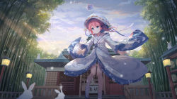 Rule 34 | 1girl, absurdres, architecture, bamboo, bamboo forest, blue eyes, blush, closed mouth, day, east asian architecture, forest, highres, japanese clothes, kimono, lantern, looking away, medium hair, nature, original, outdoors, pink hair, rabbit, sandals, scenery, shrine, sign, smile, socks, solo, standing, tabi, translation request, white socks, yue yue, yuki onna
