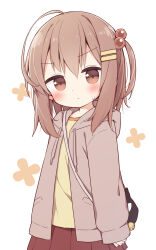 Rule 34 | 1girl, animal bag, ayanepuna, bag, bell, blush, brown eyes, brown hair, brown jacket, brown skirt, closed mouth, commentary request, drawstring, hair between eyes, hair bobbles, hair ornament, hairclip, highres, hood, hood down, hooded jacket, jacket, jingle bell, long hair, looking at viewer, one side up, open clothes, open jacket, original, pleated skirt, shione (tsumiki sata), shirt, shoulder bag, simple background, skirt, solo, sweat, v-shaped eyebrows, white background, yellow shirt
