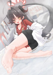 Rule 34 | 1girl, absurdres, ahoge, ass, barefoot, black hair, black shorts, blue archive, blush, breasts, coat, collarbone, collared shirt, demon horns, demon tail, fang, feet, foot focus, from behind, hair between eyes, hair intakes, halo, highres, horns, kasumi (blue archive), knees together feet apart, lab coat, legs, long hair, lying, on side, onsen, paid reward available, parted bangs, red halo, red shirt, shirt, short shorts, shorts, sidelocks, skin fang, sleeves past fingers, sleeves past wrists, small breasts, smug, soles, solo, tail, thighs, toes, very long hair, wet, white coat, yellow eyes, yoshie eneko