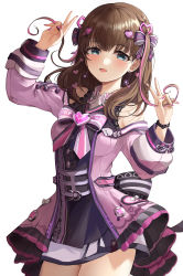 Rule 34 | 1girl, :d, absurdres, armpit crease, blush, bow, bracelet, braid, breasts, brown hair, cowboy shot, double v, ear piercing, hair bow, highres, holding, holding own hair, idol, idolmaster, idolmaster cinderella girls, jacket, jewelry, light smile, looking at viewer, medium breasts, multicolored hair, nail polish, open mouth, piercing, pink hair, pink jacket, sakuma mayu, simple background, smile, solo, v, white background, zipgaemi