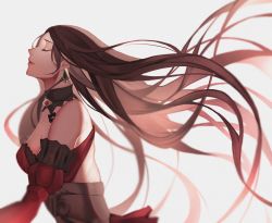 Rule 34 | 1girl, aged up, brown hair, dorothea arnault, dress, earrings, closed eyes, fire emblem, fire emblem: three houses, from side, grey background, highres, jewelry, long hair, long sleeves, nintendo, simple background, solo, very long hair, watayumi leo
