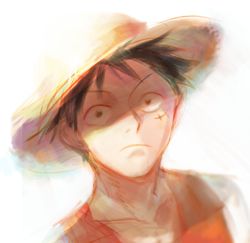 Rule 34 | 1boy, hat, looking at viewer, male focus, monkey d. luffy, one piece, red vest, scar, shadow, solo, straw hat, vest, yamsong