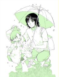 Rule 34 | 1boy, 1girl, black hair, boots, closed mouth, father and daughter, green eyes, green hair, highres, holding, holding umbrella, koiwai yotsuba, long hair, long sleeves, looking at another, manomitsudomoe, mr. koiwai, open mouth, pants, raincoat, sandals, shirt, short hair, short sleeves, shorts, simple background, smile, squatting, standing, standing on one leg, t-shirt, umbrella, water drop, white background, yotsubato!