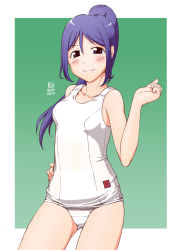 Rule 34 | 1girl, artist name, artist request, bare legs, bare shoulders, blue hair, blush, breasts, clenched hand, collarbone, female focus, hair between eyes, hand on own hip, kit (studio), long hair, looking at viewer, love live!, love live! sunshine!!, matsuura kanan, one-piece swimsuit, parted lips, ponytail, purple eyes, small breasts, smile, solo, swimsuit, white one-piece swimsuit