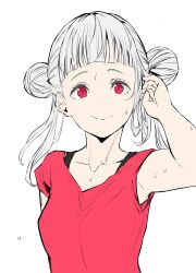 Rule 34 | 1girl, absurdres, arashi chisato, blunt bangs, breasts, closed mouth, collarbone, commentary request, double bun, hair bun, highres, looking at viewer, love live!, love live! superstar!!, medium breasts, medium hair, red eyes, red shirt, shirt, short sleeves, smile, solo, sweat, tommer, tucking hair, upper body, white background, white hair