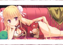 Rule 34 | 1girl, absurdres, blonde hair, blush, breasts, china dress, chinese clothes, cleavage, couch, double bun, dress, floral print, hair between eyes, hair bun, head rest, hidan no aria, highres, indoors, kobuichi, long hair, looking at viewer, lying, medium breasts, mine riko, official art, on side, pillow, red eyes, scan, smile, solo, translation request, very long hair