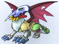 Rule 34 | artist request, claws, digimon, digimon (creature), griffomon, griffon, helmet, looking at viewer, multiple heads, open mouth, sharp teeth, snake tail, solo, standing, tail, teeth, wings, yellow eyes