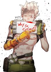 Rule 34 | 1boy, bag, bare shoulders, batman (series), belt, belt pouch, blonde hair, buckle, canteen, cowboy shot, dc comics, fingerless gloves, gloves, green gloves, grin, groin, holding, holding sign, junkrat (overwatch), looking at viewer, male focus, mechanical arms, middle finger, midriff, navel, overwatch, overwatch 1, parody, pouch, red eyes, short hair, shorts, sign, single glove, single mechanical arm, smile, solo, strap, teeth, the dark knight, the joker, topless male, why so serious