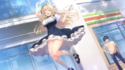 Rule 34 | 1girl, arms up, blonde hair, boku no mirai wa koi to kakin to, breasts, cellphone, closed eyes, convenience store, day, feet, floating hair, frilled skirt, frills, game cg, hand on own hip, happy, highres, holding, holding phone, jumping, kneehighs, large breasts, legs, long hair, looking at another, nironiro, open mouth, original, outdoors, phone, saionji nana, shoes, shop, skirt, smile, socks, sunlight, thighs