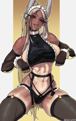 Rule 34 | 1girl, abs, absurdres, animal ears, artist name, ass, bare shoulders, black panties, black shirt, blush, boku no hero academia, breasts, commentary, crescent choker, crop top, dark-skinned female, dark skin, elbow gloves, english commentary, fingerless gloves, fishnet gloves, fishnet thighhighs, fishnets, frilled panties, frilled shirt, frills, fur collar, fur trim, garter belt, gloves, gluteal fold, highres, kneeling, large breasts, long eyelashes, long hair, looking at viewer, maid, maid headdress, mirko, muscular, muscular female, navel, panties, parted bangs, patreon logo, pillarboxed, ponytail, rabbit ears, rabbit girl, raised eyebrow, red eyes, shirt, sideboob, skindentation, sleeveless, sleeveless shirt, smile, solo, spread legs, stomach, stopu, tan, tanline, teeth, thick thighs, thighhighs, thighs, tongue, tongue out, turtleneck, underwear, upper teeth only, very long hair, white hair, wrist cuffs