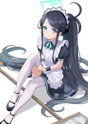 Rule 34 | 1girl, apron, aris (blue archive), aris (maid) (blue archive), black hair, blue archive, blue eyes, dress, frilled apron, frills, hair between eyes, halo, highres, long hair, looking at viewer, maid, maid apron, maid headdress, mop, nima (niru54), on floor, ponytail, puffy short sleeves, puffy sleeves, short sleeves, smile, solo, thighhighs, very long hair, white apron, white thighhighs