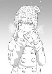 Rule 34 | 1girl, alternate costume, blush, breath, buttons, coat, commentary request, gradient background, greyscale, hair between eyes, hair ornament, hairclip, hat, ishii hisao, kantai collection, long hair, long sleeves, monochrome, scarf, smile, solo, suzuya (kancolle)