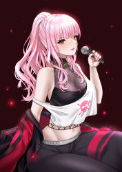 Rule 34 | 1girl, absurdres, bare shoulders, black pants, breasts, chain, crop top, fishnets, from side, gold chain, highres, holding, holding microphone, hololive, hololive english, jacket, jewelry, large breasts, lips, long hair, microphone, midriff, mori calliope, mori calliope (streetwear), nail polish, navel, necklace, no headwear, off shoulder, official alternate costume, open mouth, pants, pink hair, ponytail, red eyes, red nails, ryuuneart, sidelocks, sitting, smile, solo, strap slip, virtual youtuber