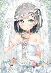 Rule 34 | 1girl, :p, bare shoulders, black hair, blue eyes, blush, bridal veil, cake, candy, commentary request, cream, cream on face, dress, elbow gloves, food, food on face, fork, gloves, hair ornament, hentai ouji to warawanai neko., highres, holding, holding fork, kantoku, looking at viewer, off-shoulder dress, off shoulder, one side up, short hair, solo, sweets, tongue, tongue out, tsutsukakushi tsukiko, veil, wedding dress, white dress, white gloves