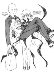 Rule 34 | 1boy, 1girl, absurdres, bag, bald, breasts, carrying, commentary, dress, english commentary, english text, expressionless, greyscale, highres, monochrome, one-punch man, oppai hoodie, plastic bag, pointing, saitama (one-punch man), shoes, small breasts, smile, sneakers, sweater, tatsumaki, the golden smurf
