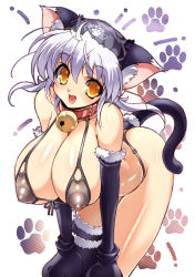 Rule 34 | 1girl, animal ears, bell, bent over, breasts, cat ears, cat tail, cleavage, collar, elbow gloves, fang, fangs, gloves, hands on own knees, highres, huge breasts, ishida hiroyuki, leaning forward, neck bell, nipples, original, paw print, puffy nipples, see-through, short hair, smile, solo, tail, thighhighs, white hair, yellow eyes