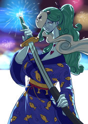 Rule 34 | 1girl, alternate costume, alternate hairstyle, blue eyes, blue hair, breasts, charlotte amande, cigarette, colored skin, female focus, grey skin, highres, japanese clothes, katana, kimono, large breasts, long neck, looking at viewer, mask, one piece, smoke, smoking, solo, sword, tattoo, weapon, yukata