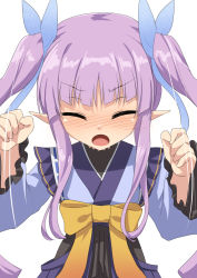 Rule 34 | 1girl, blush, breasts, elf, closed eyes, japanese clothes, kimono, kyoka (princess connect!), open mouth, pointy ears, princess connect!, purple eyes, small breasts, twintails, umarutsufuri