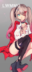 Rule 34 | 1girl, ankle boots, black ribbon, blood, blood in hair, blood on clothes, blood on face, bloody eye, bloody legwear, blue eyes, boots, breasts, character name, choker, cleavage, coat, eyelashes, girls&#039; frontline, glowing, grey background, hair ornament, hairclip, han qi, headset, high heel boots, high heels, highres, knees up, lips, looking at viewer, lwmmg (girls&#039; frontline), off shoulder, red coat, ribbon, shirt, single thighhigh, sitting, solo, thigh strap, thighhighs, torn clothes, torn shirt, torn thighhighs, twintails