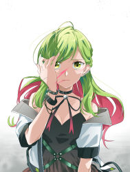 Rule 34 | 1girl, absurdres, ahoge, bare shoulders, black bracelet, black choker, black dress, bracelet, braid, breasts, choker, cleavage, collarbone, colored inner hair, commentary request, dress, earrings, floating hair, green eyes, green hair, grey background, highres, jacket, jewelry, kashikaze, light brown hair, long hair, looking at viewer, morinaka kazaki, morinaka kazaki (adult), multicolored hair, nijisanji, off shoulder, open clothes, open jacket, parted lips, pink hair, short sleeves, small breasts, solo, spaghetti strap, studded bracelet, two-tone hair, upper body, virtual youtuber, white jacket, zipper