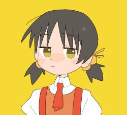 Rule 34 | 1girl, black hair, blush stickers, collared shirt, hair bobbles, hair ornament, highres, jitome, kaai yuki, kyoufuu all back (vocaloid), light smile, looking at viewer, low twintails, necktie, okepi, parody, puffy short sleeves, puffy sleeves, raised eyebrows, red necktie, shirt, short hair, short sleeves, short twintails, simple background, solo, style parody, twintails, upper body, vocaloid, white shirt, yellow background, yellow eyes