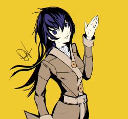 Rule 34 | 1girl, bad id, bad tumblr id, belt, blue eyes, blue hair, coat, cowboy shot, dh (brink of memories), dress, female focus, lips, long hair, long sleeves, looking at viewer, matching hair/eyes, monochrome background, persona, persona 4, persona x detective, shirogane naoto, signature, simple background, smile, solo, waving, winter clothes, winter coat, yellow background