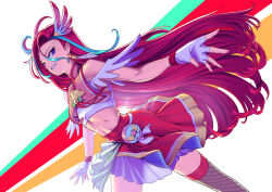 Rule 34 | 1girl, blue hair, breasts, crop top, cure flamingo, earrings, fingerless gloves, fishnet thighhighs, fishnets, floating hair, gloves, grin, hair between eyes, jewelry, layered skirt, long hair, midriff, miniskirt, multicolored hair, outstretched arms, precure, purple eyes, red hair, red ribbon, red skirt, ribbon, shrimp1634, skirt, small breasts, smile, solo, standing, stomach, thighhighs, tropical-rouge! precure, two-tone hair, very long hair, white gloves