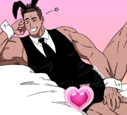 Rule 34 | 1boy, animal ears, balnom, bara, bare arms, black vest, blush, briefs, brown hair, censored, chippendales, covering crotch, covering privates, crossdressing, dark-skinned male, dark skin, ear piercing, elbow rest, emoji, emoji censor, facial hair, fake animal ears, feet out of frame, leg hair, looking at viewer, lying, male focus, male playboy bunny, male underwear, mature male, midriff peek, muscular, muscular male, no pants, on side, one eye closed, original, pectorals, piercing, rabbit ears, short hair, sideburns stubble, sidepec, sleeveless, solo, spread legs, stubble, thick eyebrows, underwear, veiny crotch, vest, wink star, wrist cuffs