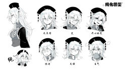 Rule 34 | ..., 1girl, puff of air, ahoge, anger vein, angry, chinese clothes, dress, expressionless, expressions, food, frown, fruit, greyscale, hair between eyes, jiuliu3, junko (touhou), long hair, long sleeves, melon, monochrome, multiple views, portrait, profile, ribbon, smile, smirk, sparkle, spoken ellipsis, tabard, touhou, translation request