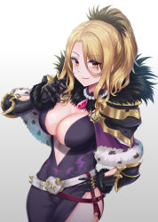 Rule 34 | 1girl, absurdres, armor, belt, blonde hair, breasts, center opening, christina (princess connect!), cleavage, closed mouth, dress, fur trim, gloves, hair over one eye, hand on own hip, high ponytail, highres, jewelry, large breasts, necklace, pearl necklace, ponytail, princess connect!, purple dress, rama (yu-light8), shoulder armor, simple background, solo, white background, yellow eyes