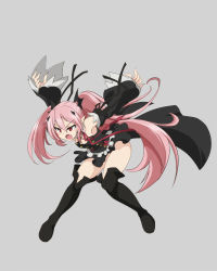 Rule 34 | 1girl, blush, boots, cape, fang, flat chest, grey background, krul tepes, miniskirt, open mouth, ouhashi, owari no seraph, pink hair, pointy ears, red eyes, simple background, skirt, solo, thigh boots, thighhighs, twintails, two side up