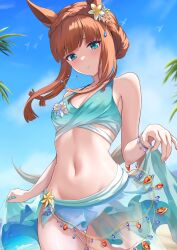 Rule 34 | 1girl, absurdres, alternate costume, alternate hairstyle, animal ears, blush, breasts, cleavage, closed mouth, collarbone, commentary request, flower, hair between eyes, hair flower, hair ornament, highres, horse ears, horse tail, jewelry, looking at viewer, maimuu, navel, necklace, orange hair, sarong, see-through, see-through sarong, silence suzuka (umamusume), sky, small breasts, smile, solo, swimsuit, tail, umamusume