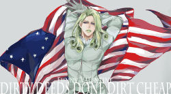 Rule 34 | 1boy, american flag, arms behind head, arms up, character name, curly hair, funny valentine, gloves, green hair, green lips, jojo no kimyou na bouken, jojo pose, lipstick, long hair, makeup, male focus, shinem, solo, steel ball run