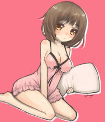 Rule 34 | 1girl, bad id, bad pixiv id, bare shoulders, barefoot, between legs, blush, breasts, brown eyes, brown hair, cleavage, dutch angle, from side, full body, hand between legs, highres, lingerie, looking at viewer, miyamae porin, negligee, nightgown, original, parted lips, pillow, pink background, pursed lips, red background, ribbon, seiza, shadow, short hair, sideboob, signature, simple background, sitting, solo, strap gap, underwear, underwear only, yellow eyes