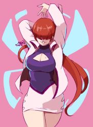 Rule 34 | 1girl, arms behind head, arms up, artist name, breasts, cleavage, cleavage cutout, clothing cutout, cowboy shot, cropped jacket, gigalithic, hair over eyes, large breasts, lips, long hair, long sleeves, miniskirt, parted lips, ponytail, red hair, shermie (kof), signature, simple background, skirt, smile, solo, sweatdrop, the king of fighters, the king of fighters &#039;97
