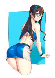 Rule 34 | 1girl, aqua eyes, back, bikini, black-framed eyewear, black hair, blue hairband, closed mouth, cropped legs, flat chest, from behind, glasses, hair between eyes, hairband, highres, kantai collection, long hair, looking back, ooyodo (kancolle), race queen, smile, solo, swimsuit, two-tone bikini, wristband, yuuji (and)