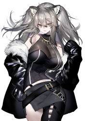 Rule 34 | 1girl, absurdres, animal ear fluff, animal ears, bare shoulders, black jacket, black pantyhose, black shirt, black skirt, breasts, cleavage, commentary request, cowboy shot, ear piercing, fur-trimmed jacket, fur trim, grey eyes, hair between eyes, hand on own hip, hand up, highres, hololive, inumata ichini, jacket, large breasts, lion ears, long hair, off shoulder, open clothes, open jacket, pantyhose, parted lips, piercing, see-through, see-through cleavage, shirt, shishiro botan, shishiro botan (1st costume), simple background, single leg pantyhose, skirt, sleeveless, sleeveless shirt, sleeves past fingers, sleeves past wrists, solo, standing, torn clothes, torn pantyhose, virtual youtuber, white background