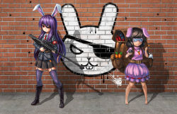 Rule 34 | 2girls, :&lt;, :3, ahoge, animal, animal ears, anti-materiel rifle, backpack, bag, barrett m82, belt, black footwear, bomb, boots, brick wall, bullet hole, candle, carrot, carrot necklace, cat ears, concrete, dynamite, explosive, eyepatch, garter straps, glasses, graffiti, gun, highres, inaba mob (touhou), inaba tewi, jewelry, leggings, lighter, long hair, looking at viewer, multiple girls, necklace, pandawei, pendant, purple hair, rabbit, rabbit ears, red eyes, reisen udongein inaba, rifle, school uniform, scope, shadow, skirt, sniper rifle, touhou, weapon