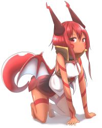 Rule 34 | absurdres, all fours, bare arms, bare legs, bare shoulders, barefoot, black skirt, blush, breasts, closed mouth, commentary request, dark skin, dragon girl, dragon horns, dragon tail, dragon wings, full body, hair between eyes, highres, horns, idaten93, long hair, looking at viewer, original, red eyes, red hair, shadow, shirt, sidelocks, skirt, small breasts, solo, tail, white background, white shirt, white wings, wings