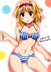 Rule 34 | 1girl, :o, alice margatroid, bikini, blonde hair, blue hair, blush, breasts, collar, dated, hairband, looking at viewer, lowres, navel, open mouth, solo, striped bikini, striped clothes, swimsuit, touhou, train 90, twitter username
