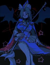 Rule 34 | 1girl, black background, blue cape, blue dress, blue headwear, breasts, cape, closed mouth, dress, full body, ghost tail, green eyes, green hair, hair over one eye, holding, kuma xylocopa, large breasts, looking at viewer, mima (touhou), parted bangs, sitting, smile, solo, star (symbol), sun print, touhou, touhou (pc-98), wings