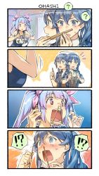 Rule 34 | !?, 2girls, 4koma, alternate costume, blue eyes, blue hair, blush, breasts, chopsticks, comic, embarrassed, gotland (kancolle), gradient background, hair between eyes, hair bun, hair ornament, hair ribbon, highres, holding, holding chopsticks, i-19 (kancolle), kantai collection, large breasts, long hair, long sleeves, mole, mole under eye, multiple girls, name tag, nonco, one-piece swimsuit, open mouth, red eyes, ribbon, school swimsuit, silent comic, single hair bun, smile, spoken interrobang, star-shaped pupils, star (symbol), swimsuit, symbol-shaped pupils, tri tails, twintails, you&#039;re doing it wrong