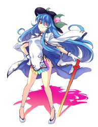 Rule 34 | 1girl, ;), adapted costume, blue hair, china dress, chinese clothes, contrapposto, covered navel, dress, food, fruit, full body, gloves, hand on own hip, hat, high heels, hinanawi tenshi, jacket, jacket on shoulders, long hair, no panties, one eye closed, peach, red eyes, smile, solo, standing, sword of hisou, thighs, touhou, touya (the-moon), very long hair