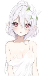 Rule 34 | 1girl, :o, antenna hair, bandaid, bandaids on nipples, bare shoulders, blush, breasts, collarbone, commentary request, dress, elf, flower, grey hair, hair flower, hair ornament, highres, kokkoro (princess connect!), looking at viewer, medium breasts, pasties, pointy ears, princess connect!, red eyes, simple background, sleeveless, sleeveless dress, solo, spaghetti strap, strap slip, upper body, white background, white dress, white flower, yupi (yuyupiko01)