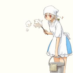 Rule 34 | 1girl, alternate hairstyle, apron, bare legs, bow, brush, bucket, cleaning, dust, duster, feather duster, female focus, grey hair, hair bow, head scarf, izayoi sakuya, leaning forward, light smile, maid, maid apron, musical note, red eyes, shibasaki shouji, short sleeves, simple background, skirt, solo, touhou, towel, white background