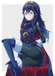 Rule 34 | 1girl, ameno (a meno0), black bodysuit, blue cape, blue eyes, blue footwear, blue gloves, blue hair, bodysuit, boots, cape, family, fingerless gloves, fire emblem, fire emblem awakening, gloves, knee up, long hair, lucina (fire emblem), multicolored cape, multicolored clothes, nintendo, parted lips, red cape, ribbed bodysuit, sitting, solo, teeth, thigh boots