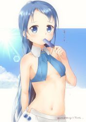 Rule 34 | adapted costume, arm behind back, artist name, bare arms, bare shoulders, bikini, bikini top only, blue eyes, blue hair, blue sky, blush, breasts, cloud, collar, collarbone, commentary request, eating, food, holding, holding food, kantai collection, light rays, long hair, looking at viewer, mae (maesanpicture), navel, outdoors, panties, popsicle, samidare (kancolle), skirt, sky, small breasts, solo, sun, sweat, swept bangs, swimsuit, translation request, underwear, unfastened, very long hair, white panties, white skirt