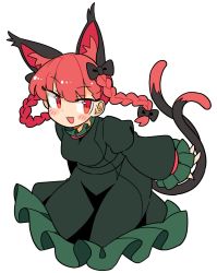 Rule 34 | 1girl, :3, :d, animal ears, black bow, blush, bow, braid, breasts, cat ears, cropped legs, dress, extra ears, green dress, hair bow, hair ribbon, highres, ini (inunabe00), kaenbyou rin, large breasts, leaning forward, long sleeves, looking at viewer, multiple tails, nekomata, open mouth, red eyes, red hair, ribbon, simple background, smile, solo, tail, touhou, tress ribbon, twin braids, two tails, white background