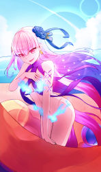 Rule 34 | 1girl, absurdres, backlighting, ball, bare shoulders, beach, beachball, blue fire, blue hair, blue sky, body markings, bracelet, breasts, earrings, fate/grand order, fate (series), fire, flower, hair flower, hair ornament, hair ribbon, highres, jewelry, june20544782, kama (fate), kama (swimsuit avenger) (fate), kama (swimsuit avenger) (third ascension) (fate), large breasts, lens flare, long hair, looking at viewer, lotus, multicolored hair, navel, ocean, open mouth, red eyes, revealing clothes, ribbon, shore, silver hair, sky, smile, solo, star (symbol), star earrings, thighs, two-tone hair